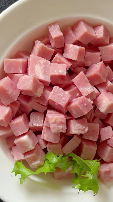 Ham cube shape pork meat tasty snack fresh, delicious, gourmet food Stock Footage 333647825