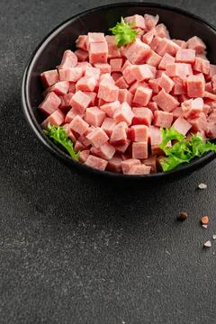 Ham cube shape pork meat tasty snack fresh, delicious, gourmet food backgro.. Stock Photos