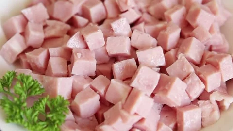Ham cubed pork cold cuts pork meat delicious appetizer, gourmet dish table Stock Footage 344990121