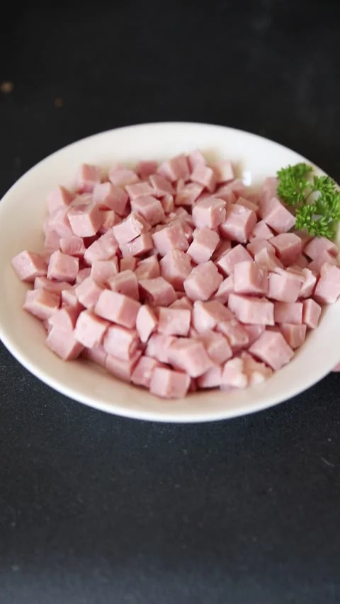 Ham cubed pork cold cuts pork meat delicious appetizer, gourmet dish table Stock Footage 344990123
