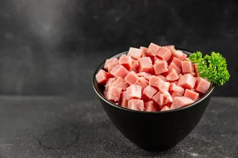 Ham cubed pork cold cuts pork meat delicious appetizer, gourmet dish table .. Stock Photos