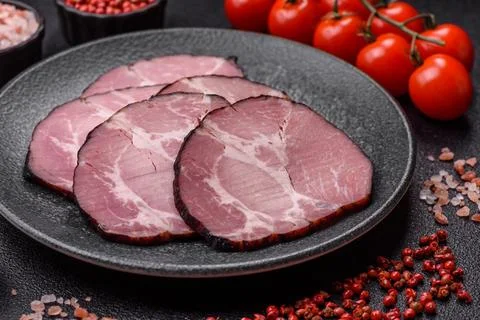 Ham, a meat cooked and sliced for sandwiches or Christmas table. Ham slices 写真素材