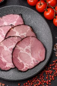 Ham, a meat cooked and sliced for sandwiches or Christmas table. Ham slices 写真素材