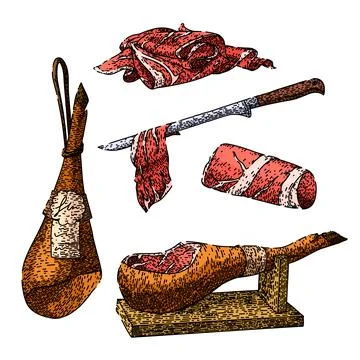 Ham meat pork set sketch hand drawn vector Stock Illustration