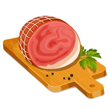 Ham with parsley leaf and peper on wooden cutting board Stock Illustration