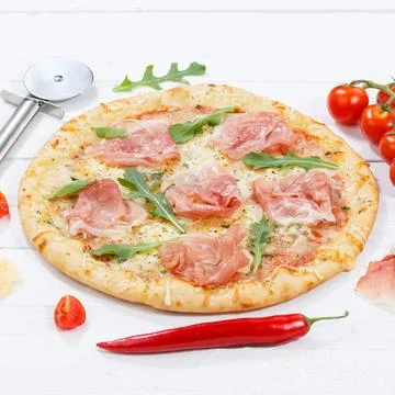 Ham pizza prosciutto square baking ingredients on wooden board Stock Photos