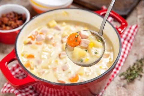 Ham potato and corn chowder Stock Photos