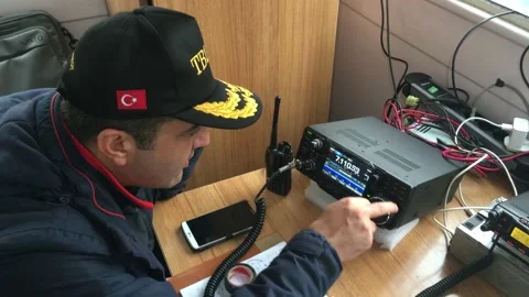 Ham radio operator communicating during an earthquake excercise Stock Footage 221579397