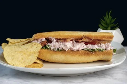Ham salad bacon sub  with a side of potato chips, Stock Photos