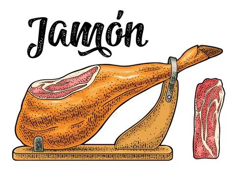 Ham slice and leg on horizontal wood stand. Vector engraving Stock Illustration