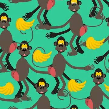 Hamadryad seamless pattern. monkey red butt and banana background Stock Illustration
