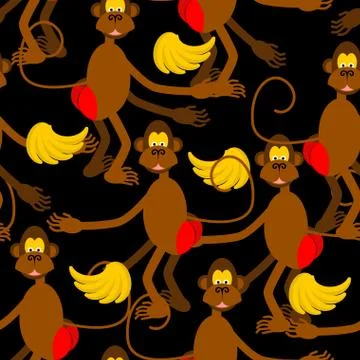 Hamadryad seamless pattern. monkey red butt and banana background Illustrazione stock