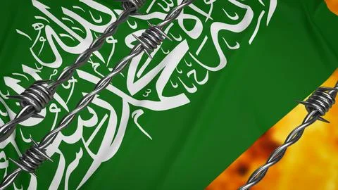 The Hamas flag on fire background 3d rendering Stock Illustration