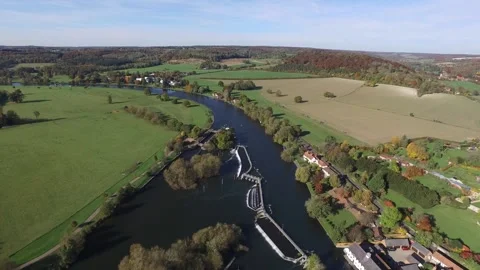Hambleden Weir and Lock River Thames UK Aerial View Video stock 132231809