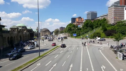 Hamburg cityscape, intersection, roads shot from above, city tour bus, Germany Stockbeeldmateriaal 76058525