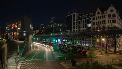 Hamburg Cityscape at Night: Traffic &amp; Elevated Railway Timelapse Stock Footage 240506774