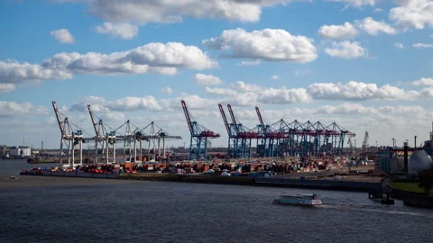 Hamburg Container Port Timelapse with Cranes and Ships Stock Footage 240508176