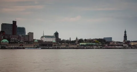 Hamburg, Germany - view over river Elbe at sunset - Timelapse with zoom out Stock Footage 75272786