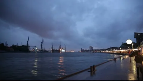 Hamburg Harbor with cranes in the background Stock-Footage 8687877