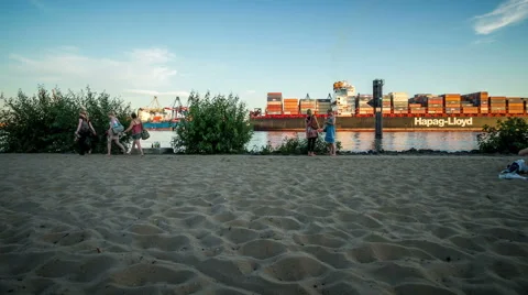 Hamburg harbor width container ship viewing people - DSLR dolly shot time lapse Stock Footage 41307882