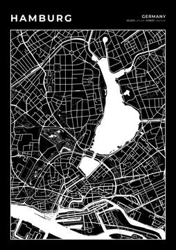 Hamburg Map Wall Art Frame, Cartography Map Print, City Layout Map Stock Illustration