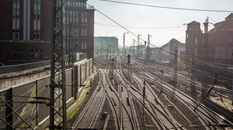 Hamburg railroad with sunreflection DSLR hyperlapse / tracking shot / timelapse Video stock 43681419