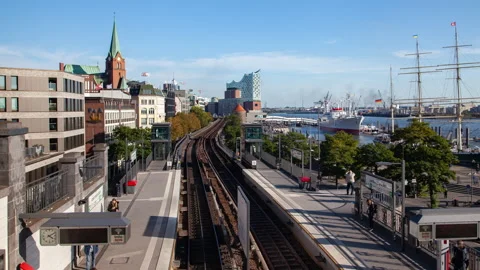 Hamburg Skyline Timelapse with Elevated Railway, Elbe River &amp; Ship Stock Footage 240507183