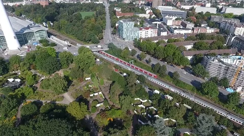 Hamburg train and tower Stock Footage 92335142