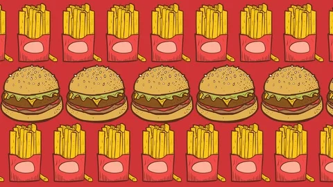Hamburger And Fries Pattern. 4K, 60fps Stock Footage 114249891