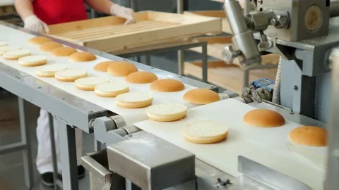 Hamburger buns on the baking line.Hot round delicious burger buns come out of Stock Footage 171892694