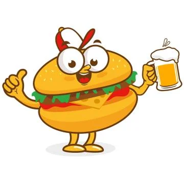 Hamburger character holding a beer. Vector illustration Stock Illustration