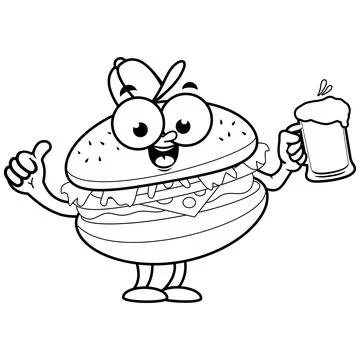 Hamburger character holding a beer. Vector black and white coloring page Stock Illustration