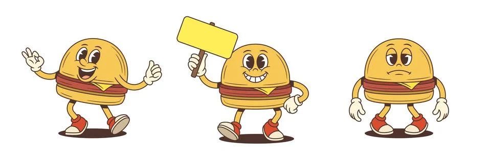 Hamburger Character Set In Different Poses Retro Cartoon Vector Illustration Stock Illustration