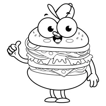 Hamburger character. Vector black and white coloring page Stock Illustration