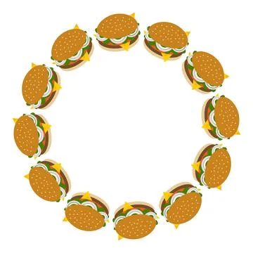 Hamburger with chees, cutlet, salad, slice tomato and onion rings Round Frame Stock Illustration
