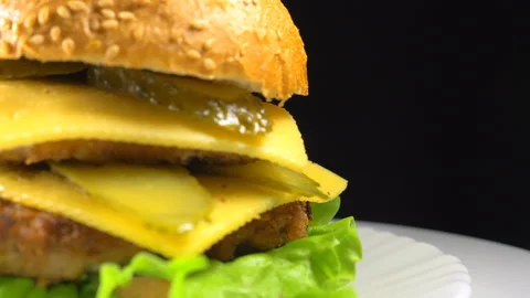 Hamburger close-up on a plate Stock Footage 88429289
