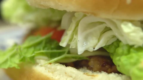 Hamburger close-up shot. Making a burger at home Stock Footage 145405394