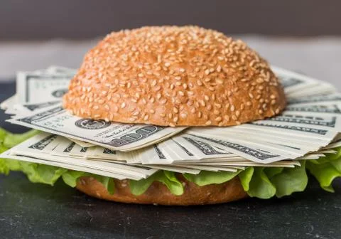 Hamburger with dollar bank notes Stock Photos