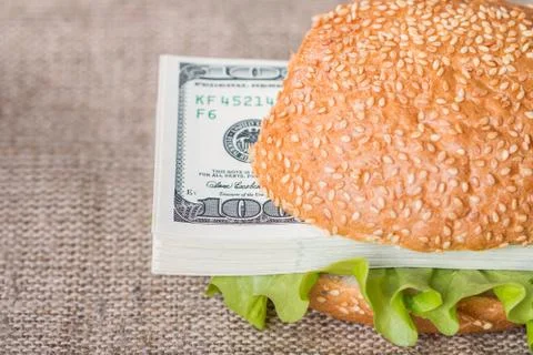 Hamburger with dollar bank notes Stock Photos