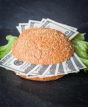 Hamburger with dollar bank notes Stock Photos