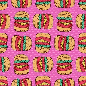Hamburger drawing pattern. Big burger cartoon style background. Fast food orn Stock Illustration