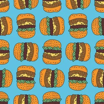 Hamburger drawing pattern. Big burger cartoon style background. Fast food orn Stock Illustration