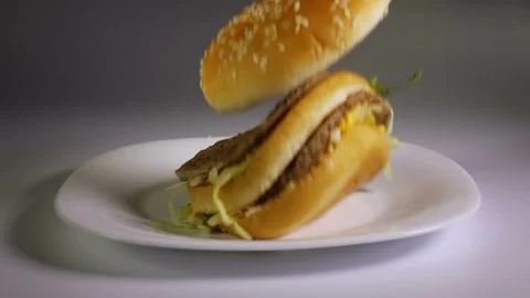Hamburger Falling Down On Plate Slow Motion Fast Food Junk Food Concept. Vídeos de archivo 110986303