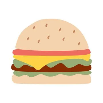 Hamburger Flat icon on White background. Burger with Salad, Tomatoes, Cheese  Stock Illustration