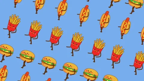 Hamburger, Fries and Hotdog  walking Stock Footage