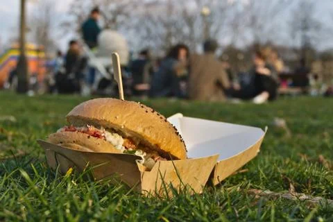 Hamburger on the grass in the park Stock Photos
