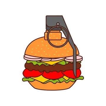 Hamburger grenade. Cholesterol explosion. Burger explosives. Concept for fa.. Stock Illustration