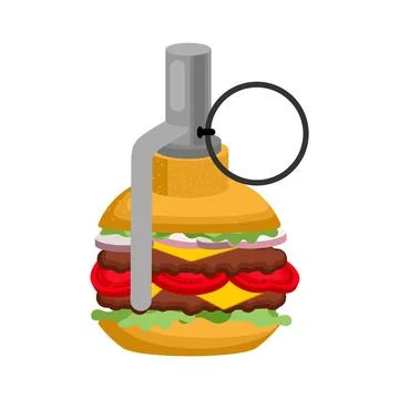 Hamburger grenade. Cholesterol explosion. Burger explosives. Concept for fa.. Stock Illustration