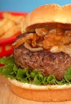 Hamburger with grilled onions Foto stock