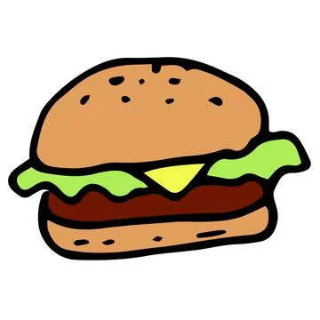 A hamburger icon in a flat style. Burger with yellow melted cheese and green Stock Illustration